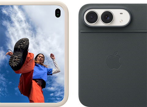 iPhone Duo, värinä tähdenkajo, hiekansävyinen silikonikuori, vaakasuunnassa, täysin avattuna vaakasuunnassa, Dual Fusion ‑kamerat vasemmassa yläkulmassa, kuori peittää taustapuolen ja etupuolen näytön sivureunat, oikealla puolella on henkilön muotokuva ulompana olevalla näytöllä. iPhone Duo, värinä tähdenkajo, nojaa laivastonsiniseen Folioon jalustalla, vaakasuunnassa kokonaan avattuna, taustapuolella 48 Mpix Dual Fusion ‑takakameroiden kaksi linssiä