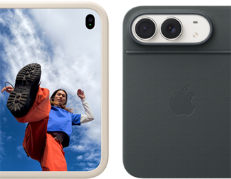 iPhone Duo, värinä tähdenkajo, hiekansävyinen silikonikuori, vaakasuunnassa, täysin avattuna vaakasuunnassa, Dual Fusion ‑kamerat vasemmassa yläkulmassa, kuori peittää taustapuolen ja etupuolen näytön sivureunat, oikealla puolella on henkilön muotokuva ulompana olevalla näytöllä. iPhone Duo, värinä tähdenkajo, nojaa laivastonsiniseen Folioon jalustalla, vaakasuunnassa kokonaan avattuna, taustapuolella 48 Mpix Dual Fusion ‑takakameroiden kaksi linssiä