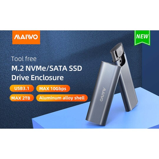 Maiwo K1689 M.2 SATA & NVMe SSD -yhdistelmä USB3.2 Gen2:lle 10 Gbps ulkoinen  kotelo ruuviton alumiinirakenne - Gigantti verkkokauppa