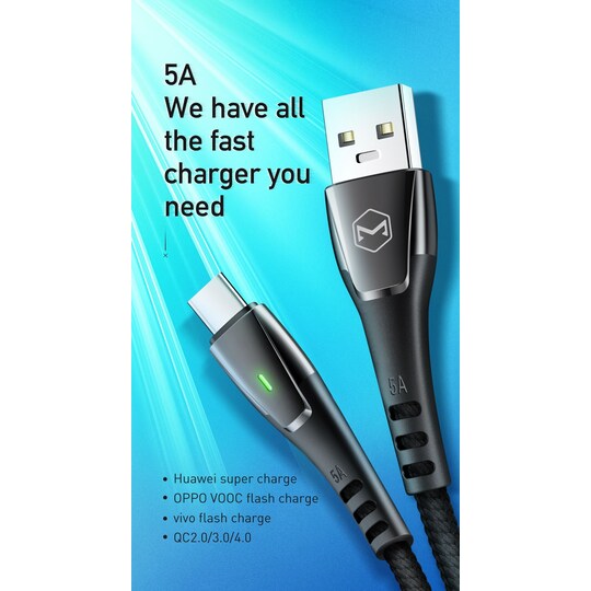 Mcdodo USB A–C pikalaturikaapeli, 5 A, 1,5 m, Huawei flash-laturi 10 V 4 A,  Oppo Xiaomi -tuki, Qualcomm QC4.0 - Gigantti verkkokauppa