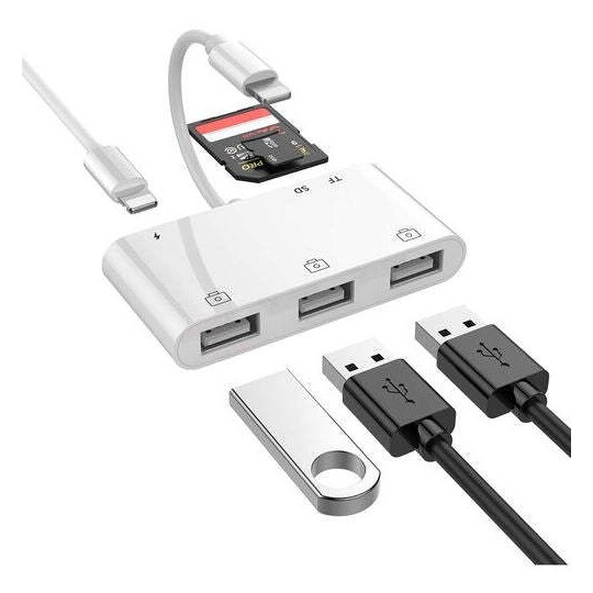 NÖRDIC Lightning-sovitin 1–6 porttia, 3x USB A 3.1, 1x TF 1x SD-kortinlukija  1x Lightning (ei MFI) latausportti - Gigantti verkkokauppa