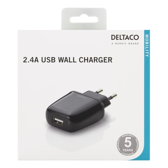 DELTACO -verkkolaite USB -portilla, 1xTyp A -liitäntä, 230V - 5V, 2.4A,  vastaus - Gigantti verkkokauppa