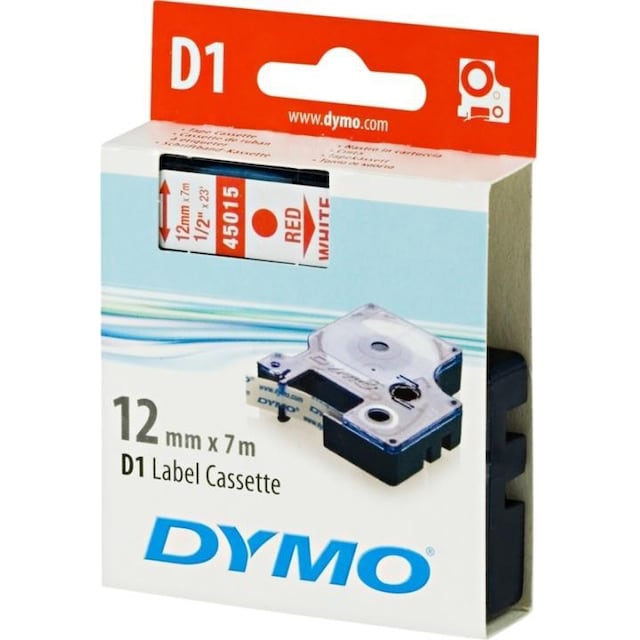DYMO D1 merkkausteippi, 12mm, valkoinen/punainen teksti, 7m - 45015