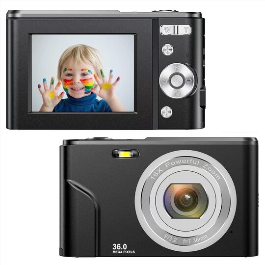 Digikamera 36 MP, HD 1080p ja 16x zoom Musta - Gigantti verkkokauppa