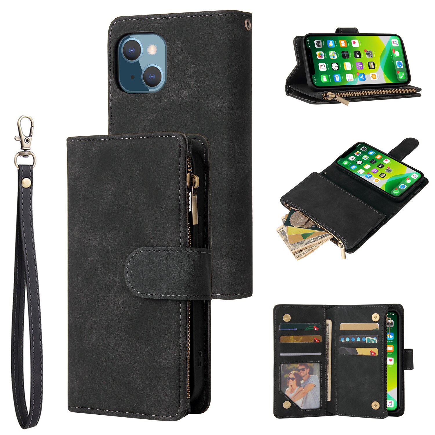 Käännettävä lompakkopuhelinkotelo, jossa korttipaikat / magneettinen sulku  / rannehihnan vetoketju Musta iPhone 13 Mini - Gigantti verkkokauppa