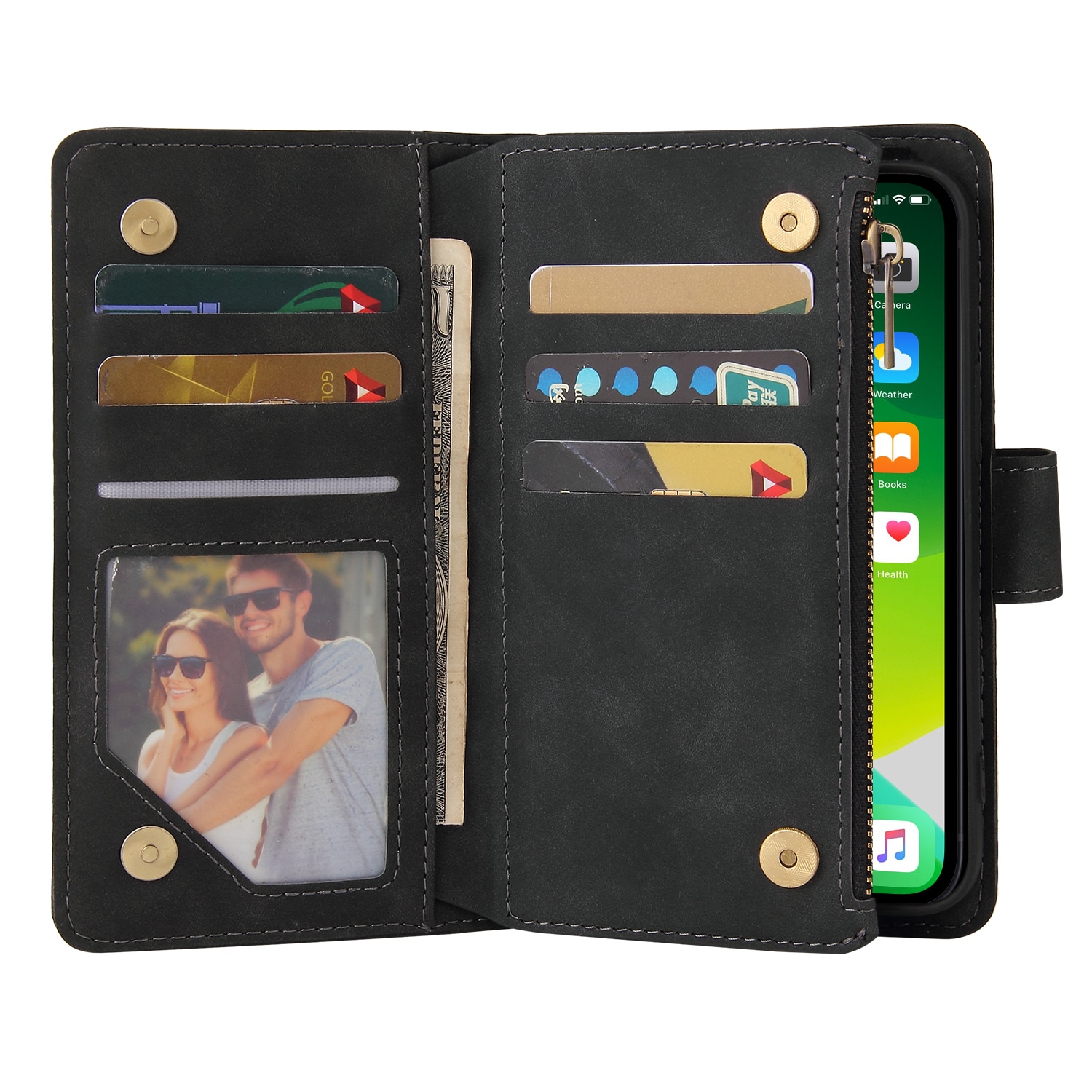 Nahkainen Flip Wallet -puhelinkotelo, jossa korttipaikat / magneettinen  suljin / rannehihna Musta iPhone 13 - Gigantti verkkokauppa