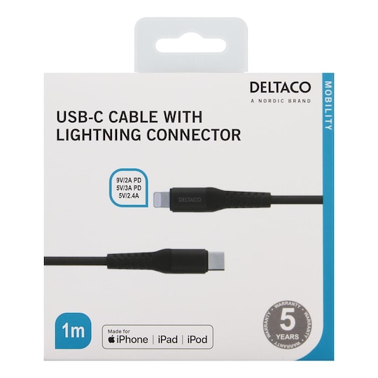 DELTACO USB-C - Lightning-kaapeli, 1m, 9V/2A, 5V/3A PD, 5V/2,4A, musta -  Gigantti verkkokauppa