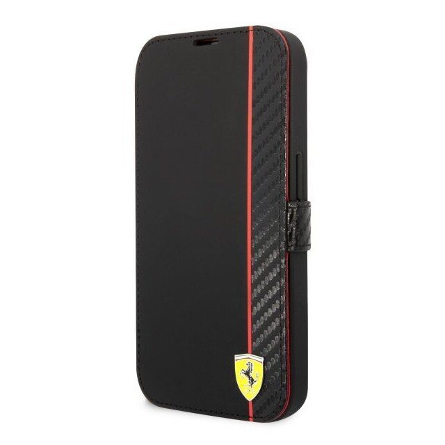 Ferrari iPhone 14 Pro Kotelo Carbon Effect Metal Logo Musta