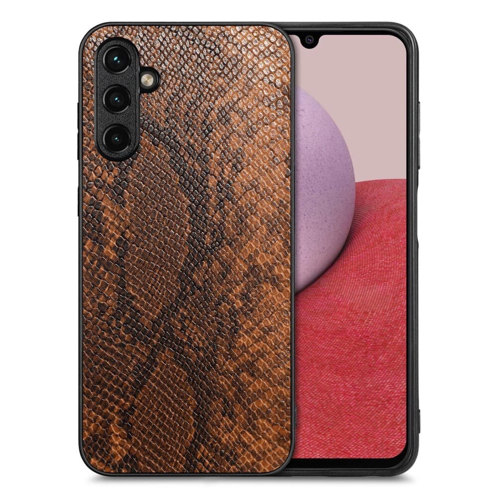 SKALO Samsung A14 4G/5G Snakeskin PU-nahka hybridi Suojakuori - Ruskea