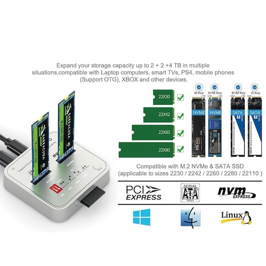 Maiwo K3016CL-telakointiasema kiintolevyn kloonaukseen, SATA ja NVMe SSD  1:1, 10 Gb/s, M-Key ja B+M Key, SD Express -kortinlukija - Gigantti  verkkokauppa