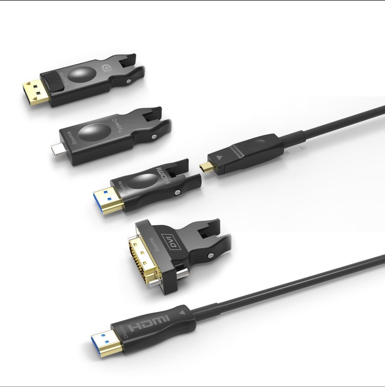 NÖRDIC 10m HDMI 2.0 AOC aktiivikuitukaapeli, 5 in 1 irrotettavilla  adaptereilla HDMI, DVI, USB-C, DP ja HDMI-D - Gigantti verkkokauppa