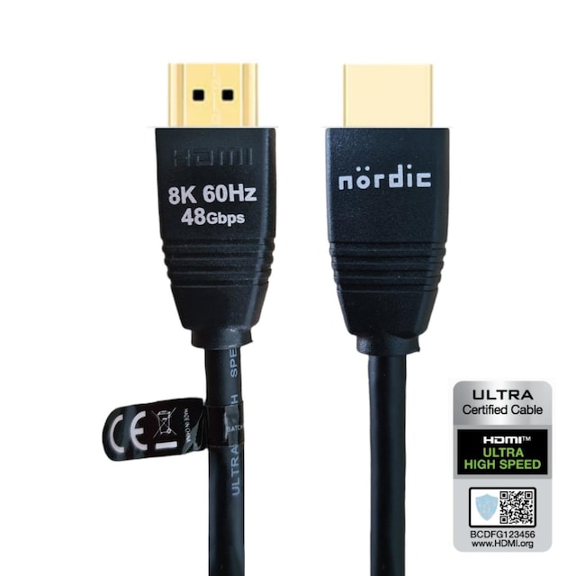 NÖRDIC CERTIFIED CABLES 1m Ultra High Speed ​​HDMI2.18K 60Hz 4K 120Hz 144Hz 48Gbps Dynamic HDR eARC Game Mode VRR Dolby ATMOS kullattu PVC musta