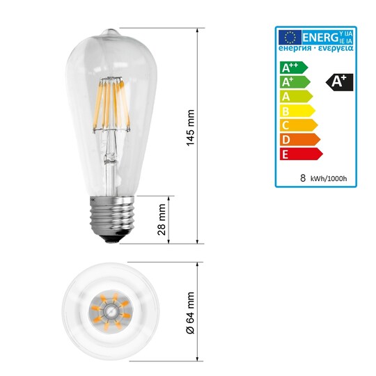 ECD Germany 2-pack LED hehkulamppu E27 8W - Lämmin valkoinen 2800K - 145 mm  - - Gigantti verkkokauppa