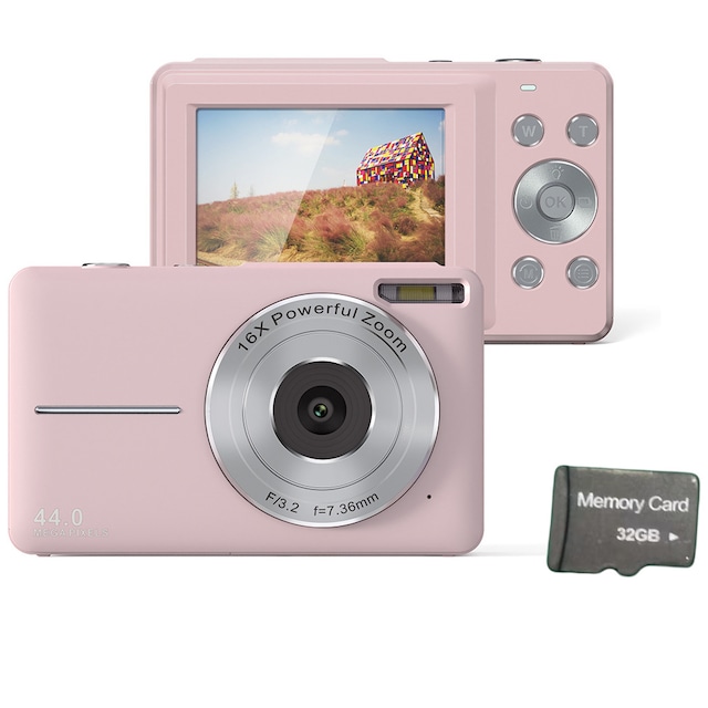 Digitaalikamera 44MP/1080P/16X digitaalinen zoom/täyttövalo 32GB kortilla Vaaleanpunainen