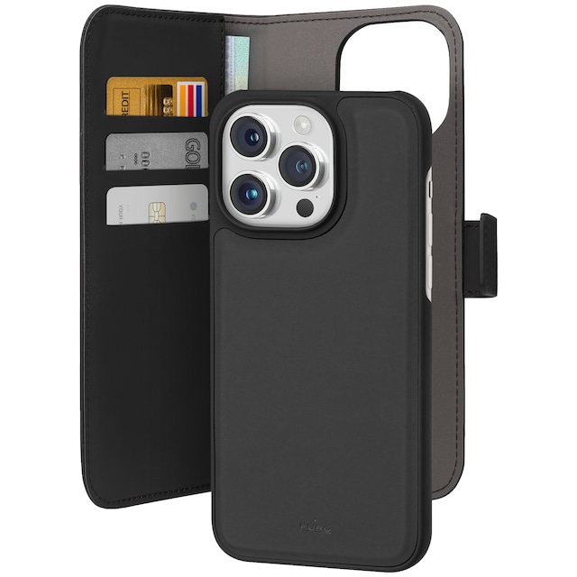 Puro 2in1 iPhone 15 Pro lompakkokotelo (musta)