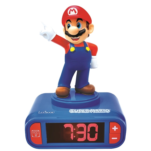 Super Mario -herätyskello, jossa on Mario 3D -hahmo ja ääniä videopelistä.