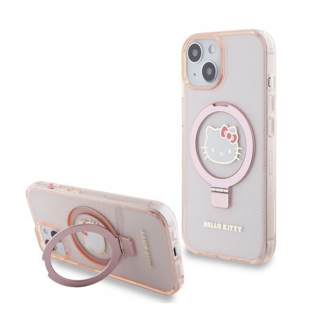 Hello Kitty iPhone 15 Kuori Ring Stand MagSafe Vaaleanpunainen