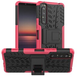 Iskunkestävä Suojakuori kotelo jalustalla Sony Xperia 1 II  - pinkki