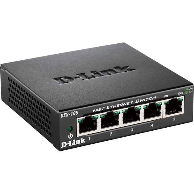 D-Link Gigabit Ethernet kytkin (DES-105), 5x10/100Mbps, metallia