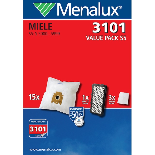 Menalux pölypussi 3101 - Säästöpakkaus Miele S5/S8 sarjoille