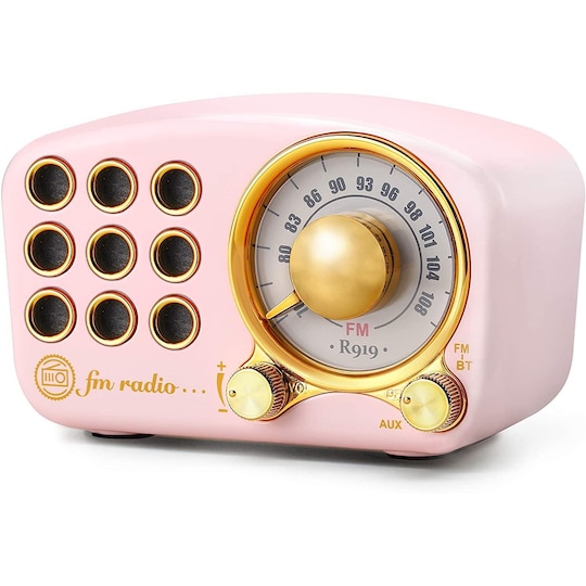 Retro-muotoinen Bluetooth-kaiutin / FM-radio, Aux-kaapelilla,  vaaleanpunainen - Gigantti verkkokauppa