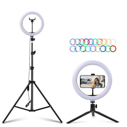 LED RGB-rengasvalo halkaisija 30 cm, matkapuhelinjalusta ja lattiajalusta  5:ssä portaassa himmennettävät 19 valoa, selfie-lamppu, rengasvalo -  Gigantti verkkokauppa