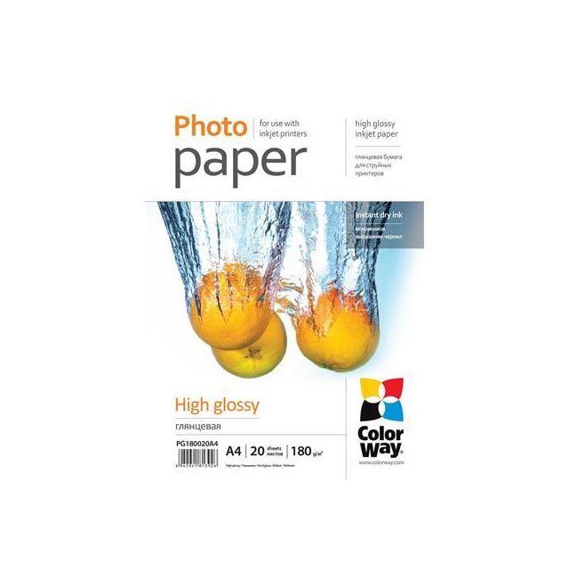 ColorWay -valokuvapaperi 20 kpl. PG180020A4 Kiiltävä, valkoinen, A4, 180 g/m²