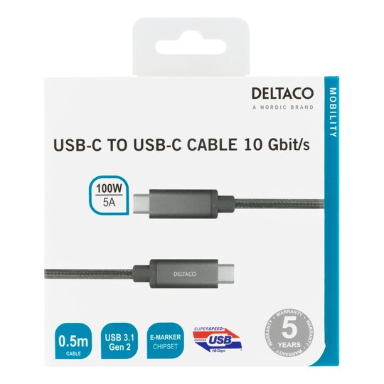 DELTACO USB-C SuperSpeed -kaapeli, 0,5 m, USB  Gen 2, 10 Gbps, 100 W,  asema - Gigantti verkkokauppa