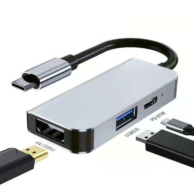 NÖRDIC USB-C 1-3 telakointiasema 1xHDMI 4K30Hz 1x USB-C PD 87W 1xUSB-A 5Gbps peili ja laajennettu