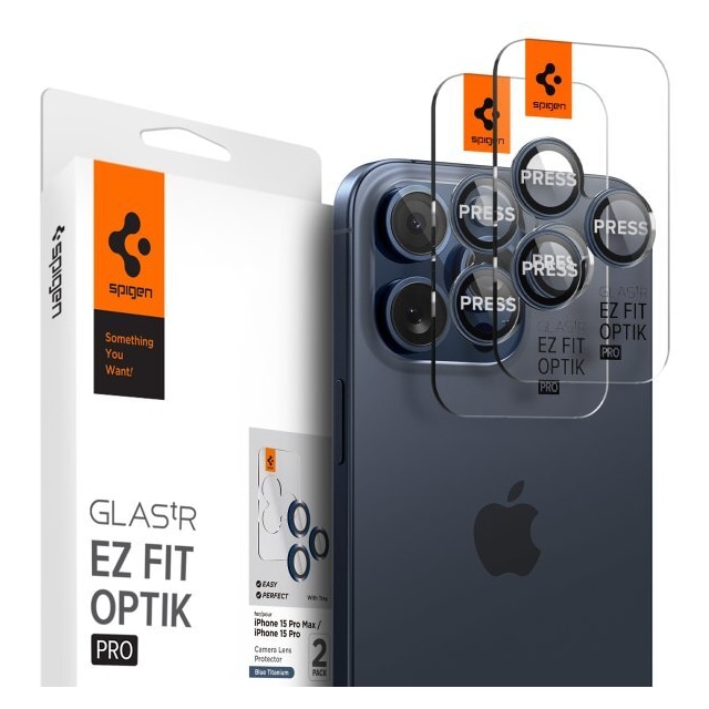 Spigen iPhone 15 Pro/iPhone 15 Pro Max Kameran linssinsuojus GLAS.tR EZ Fit Optik Pro 2-pakkaus Blue Titanium