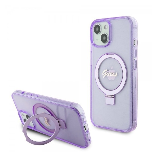 Guess iPhone 15 Plus Kuori Ring Stand Glitter MagSafe Violetti