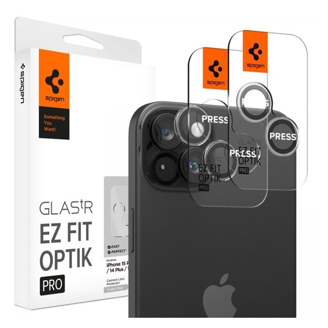 Spigen iPhone 15/iPhone 15 Plus Kameran linssinsuojus GLAS.tR EZ Fit Optik Pro Crystal Clear 2-pakkaus