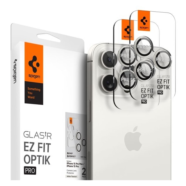 Spigen iPhone 15 Pro/iPhone 15 Pro Max Kameran linssinsuojus GLAS.tR EZ Fit Optik Pro 2-pakkaus White Titanium