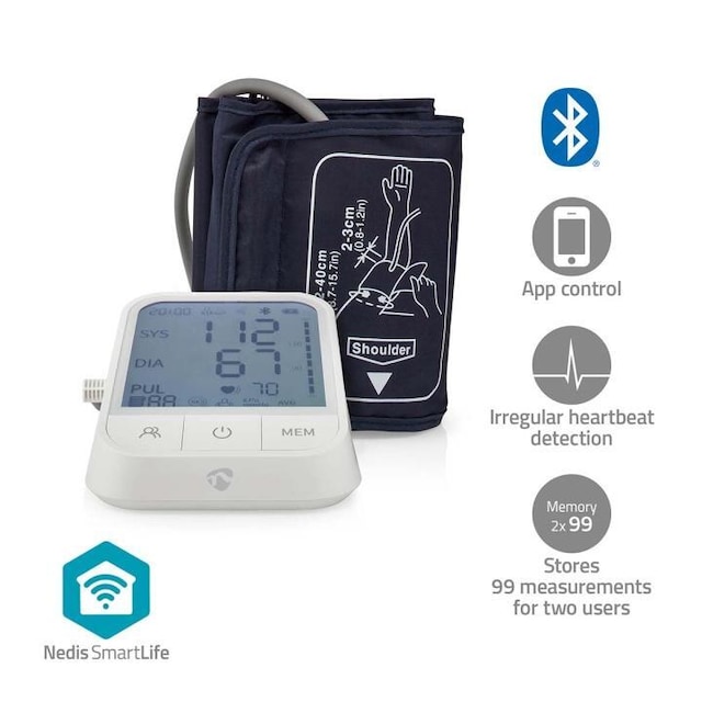 Nedis SmartLife Verenpainemittari | Käsi | Bluetooth | LCD-näyttö | 22 - 42 cm | Epäsäännöllisen sydämenlyönnin havaitseminen / Mansetin käytön tunnistus / Pysy paikallasi -ilmaisu | Valkoinen