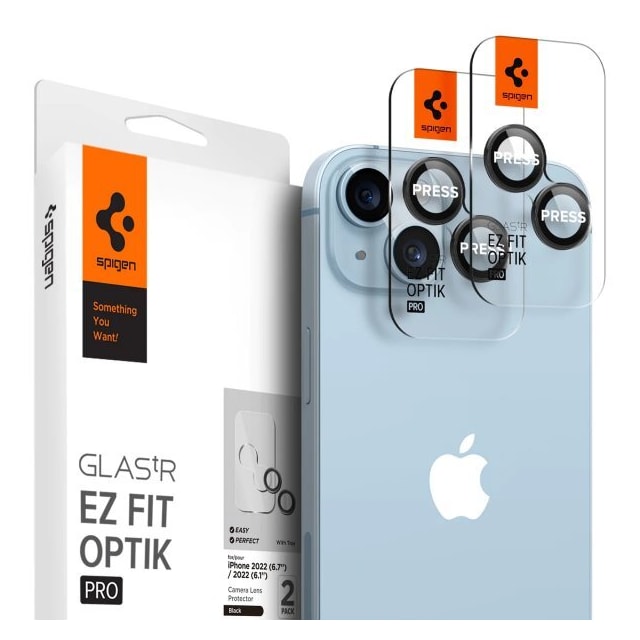 Spigen iPhone 14/15/iPhone 14/15 Plus Kameran linssinsuojus GLAS.tR EZ Fit Optik Pro 2-pakkaus Musta