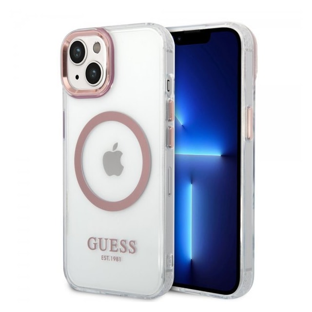 Guess iPhone 14 Plus Kuori Transparent MagSafe Vaaleanpunainen Läpinäkyvä