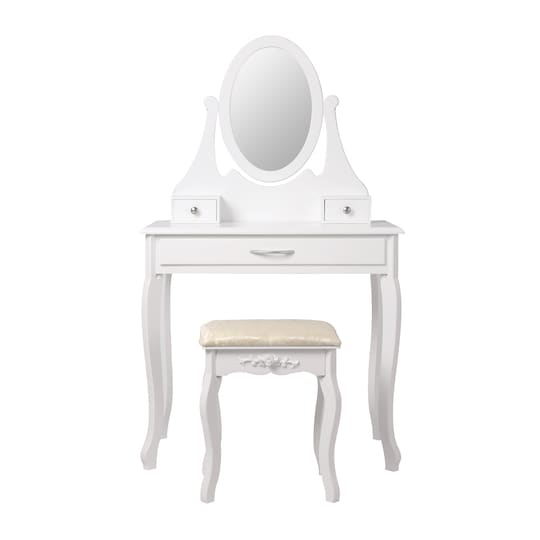ML Design puku pöytä valkoinen, kampaamo pöytä peili, uloste ja 3  laatikkoa, 75 - Gigantti verkkokauppa