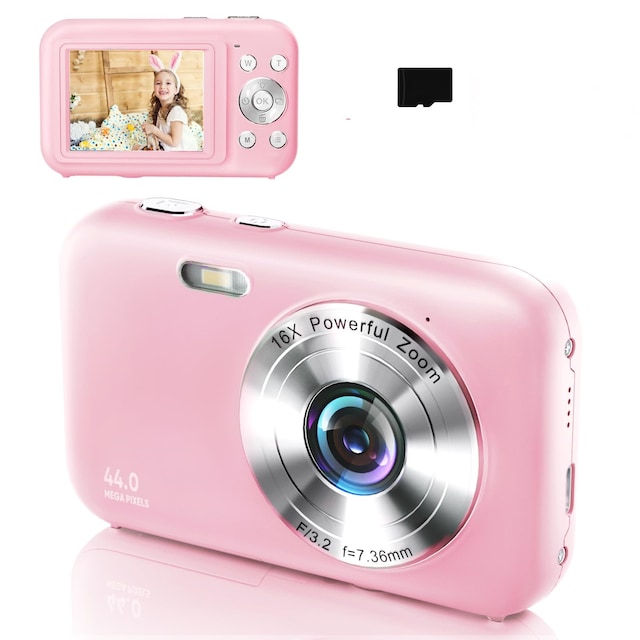 Digikamera 1080P 44MP 16 x zoom 2,4 tuuman näyttö, 32GB kortti Vaaleanpunainen