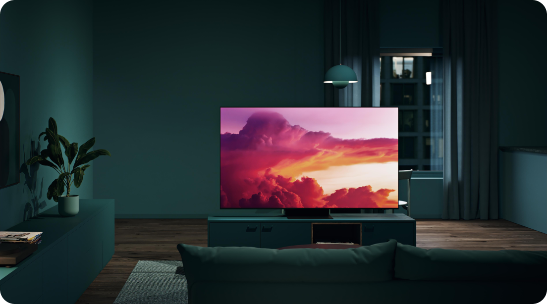 Samsung OLED TV S85D tummansävyisessä vihreässä olohuoneessa