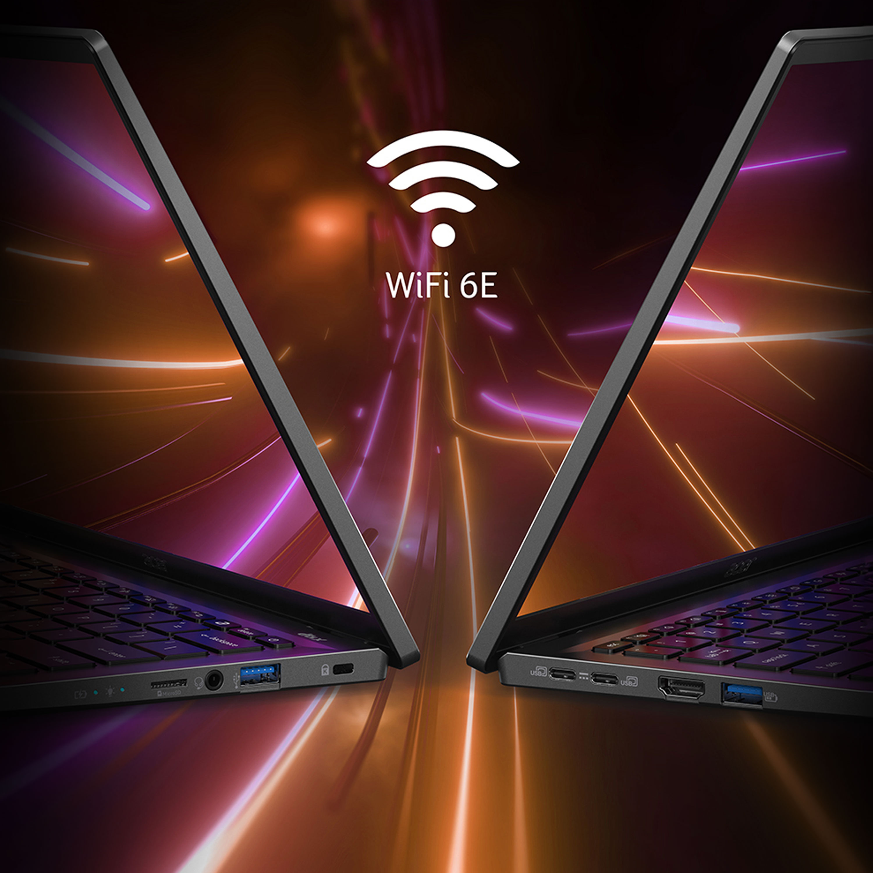 Acer Swift Go 14 -kannettava tummalla taustalla sekä WiFi 6 E -logo