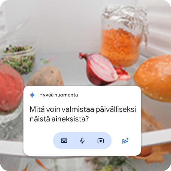 Kuva jääkaapin sisällöstä ja kysymys Google Geminille Pixel 9 -puhelimen näytöllä