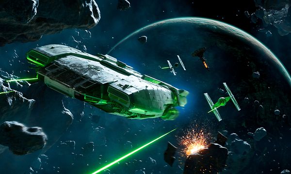 Star Wars Outlaws – kuvakaappaus avaruusaluksesta avaruudessa TIE-hävittäjien kanssa